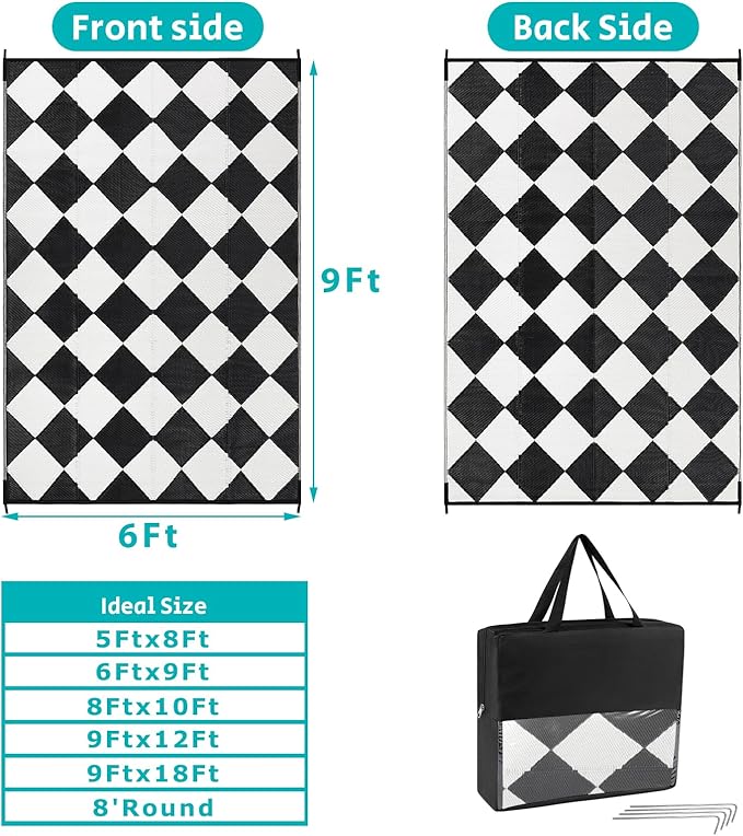 HEBE Outdoor Rug Waterproof 6x9, Reversible Plastic Straw Rug RV Camping Rug, Indoor Outdoor Patio Mat Clearance, Outside Carpet for Porch,Deck,Camper,Balcony,Backyard,Picnic