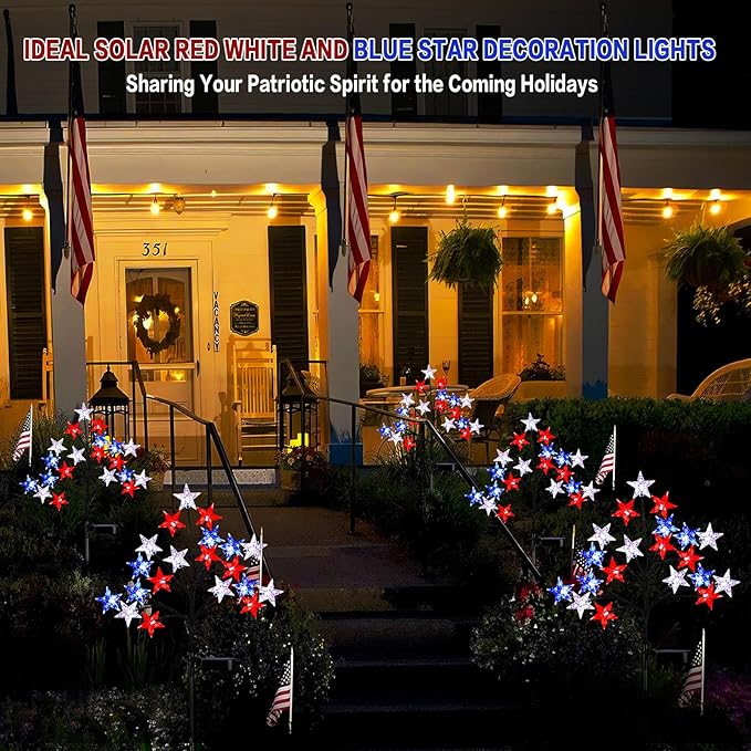Solar 4th of July Stake Lights, Red White and Blue Lights Outdoor Decorations, Led Patriotic Lights Battery Operated for Memorial Day, July 4th, Veterans Day Outside Decor (2 Individual Pack)