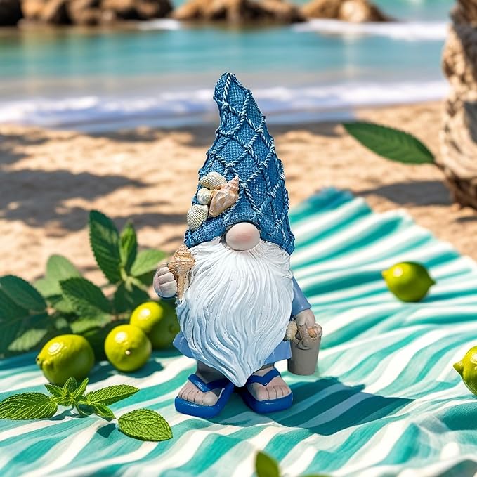 Outdoor Garden Sea Gnome Statue Decoration Indoor Outdoor Resin Beach Gnome Sculpture for Home Office Desktop Bathroom, Summer Pool Decoration Outdoor Gifts (Carrying Bucket of Shells)