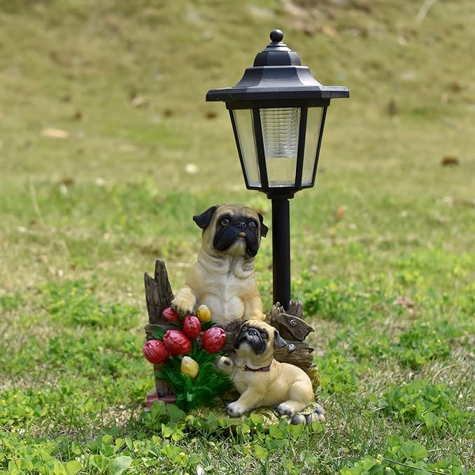 Solar Garden Outdoor Decor Statues Country Farm Pug Dogs with Light,Outside-Outdoor Decorations Sculptures for Patio Yard Lawn Walkway Ornaments Clearance Gifts for Mom Grandma Birthday