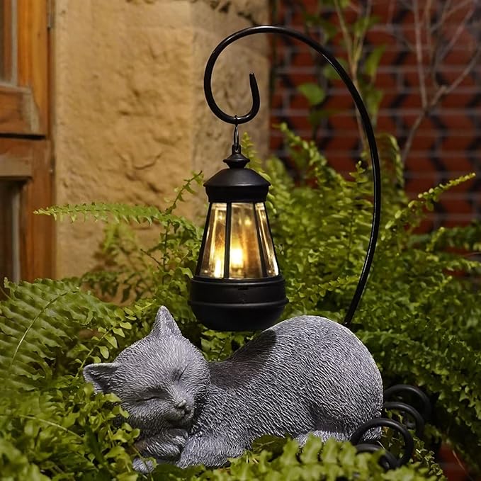 Solar Cat Outdoor Statues for Garden: Resin Cat Outside Decor with Solar Lantern Clearance for Yard Art, Cat Figurine Lawn Ornaments Porch Patio Balcony Home House - Birthday Gifts for Grandma Mom