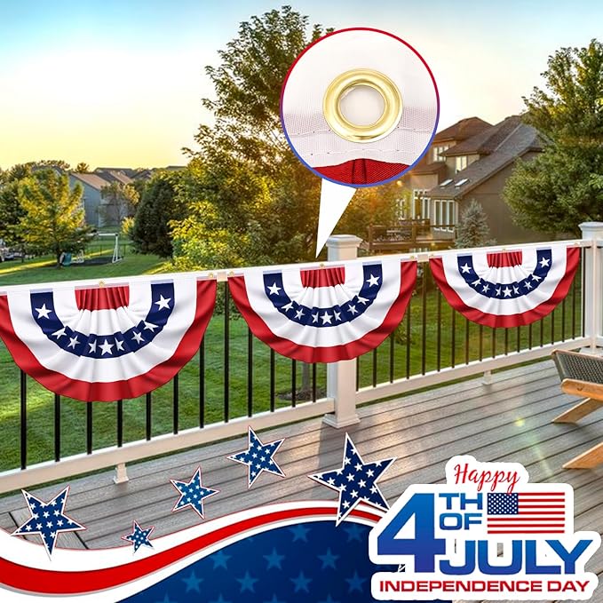 8 Pack USA Pleated Bunting Fan Flags, 1.5x3 Ft Patriotic Half Fan Banner American Flag Decoration Bunting for Outside Red White and Blue Decor Independence Day Memorial Day 4th of july Decorations