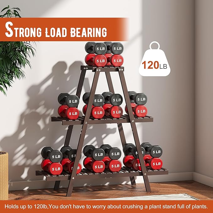 Plant Stand Indoor Plant Shelf Outdoor bamboo Plant Rack, 3 Tiers Ladder Plant Holder Flower Stand for Living Room Balcony Garden Patio,Living Room Boho Home Decor for Gardening Gifts (Brown)