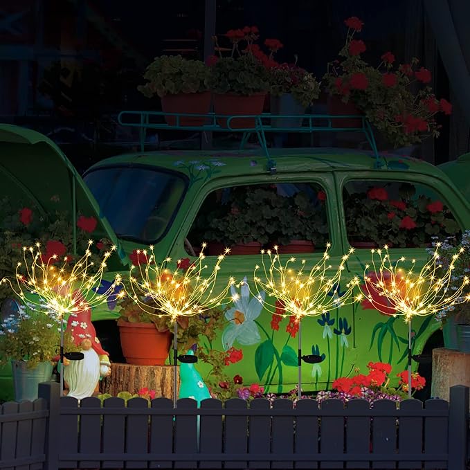 Anordsem Solar Fireworks Lights for Outdoor: Garden Light Waterproof for Yard Outside Decoration-Sparkler Stick LEDs for Pathway Lawn -Twinkle Lamp Powered Walkway Stake Party 4 Pack Warm White