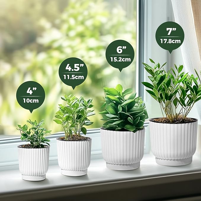 T4U 4 Inch Self Watering Pots for Indoor Plants, 6 Pack White Plastic Flower Pots for All House Plants, Flowers, African Violets