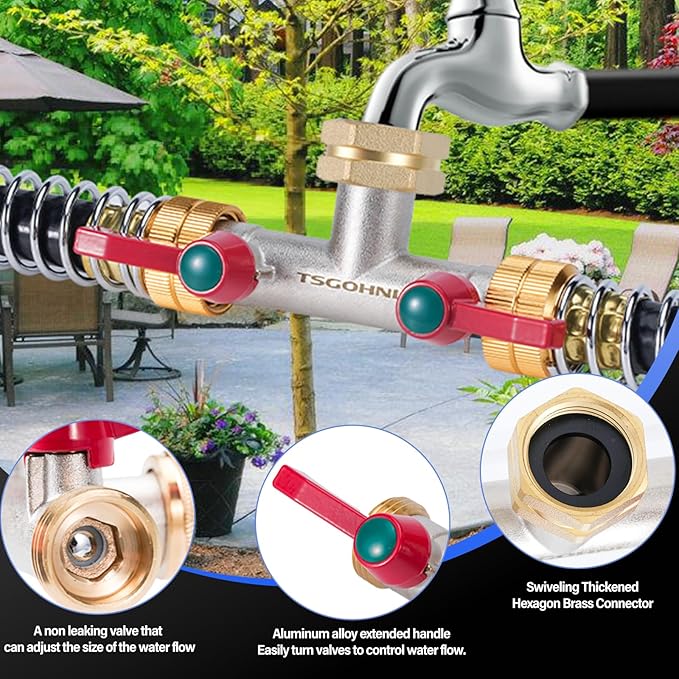 Hose Splitter, 180 Degree T Type Water Hose Splitter, Faucet Splitter 2 way 3/4" GHT Thickened Hexagonal Water Inlet with 2 More Extension Handles