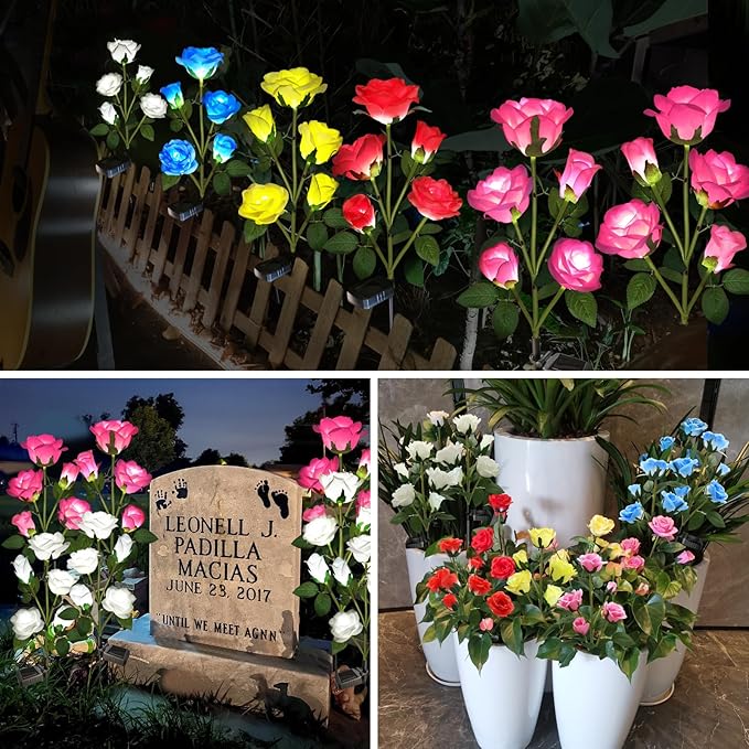 Solar Garden Lights - Realistic 10 Rose Waterproof Solar Powered Flowers for Outside Patio Yard Pathway Decorations, 2 Pack Pink