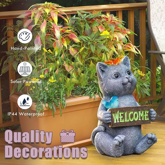 Solar Cat Figurine Garden Statues : Outside Welcome Cat Statue with Butterfly for Garden Decor and Yard Decorations - Unique Gifts for Women and Mom