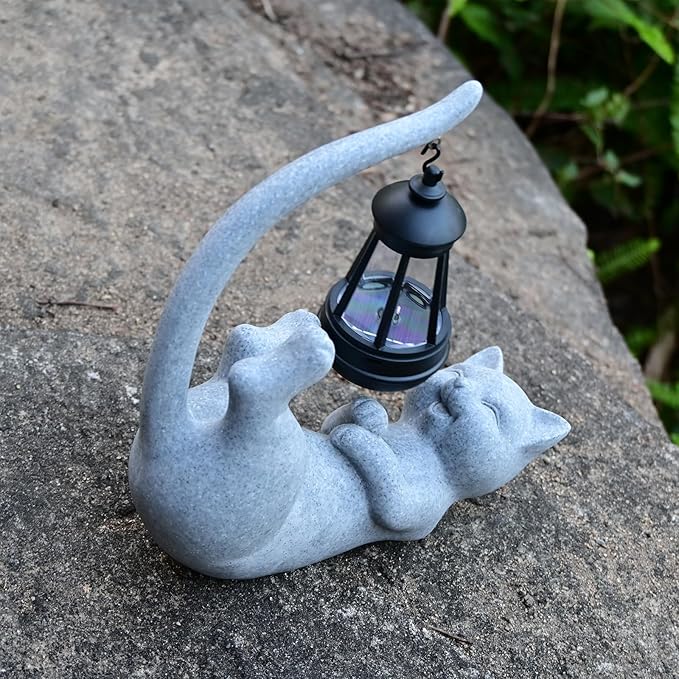 Solar Cat Garden Statue 10 Inch Porch Patio Decor for Outside Yard Decoration Outdoor Unique Housewarming Gardening Birthday Gifts for Cat Lovers Women Grandma