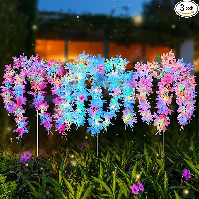 Neporal Solar Flowers Outdoor Waterproof IP65, 5 Lilac Flower Vines with 140+ Flowers, 2 Lightning Modes &Enlarged Solar Panel, 3PK Blue/Pink/Purple Solar Garden Lights Outdoor for Garden, Yard Decor