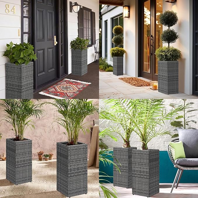 LEWIS&WAYNE Set of 2 Tall Planters for Outdoor Plants Handmade 24'' Wicker Tall Square Planter Box with Removable Liners Modern Planter for Indoor Outdoor Garden Patio Front Porch - Gray