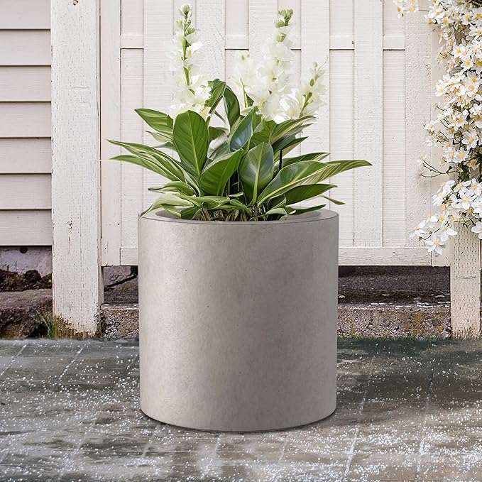 Kante 15.7" Dia Round Concrete Planter, Modern Style Large Cylindrical Plant Pot with Drainage Hole and Rubber Plug for Indoor Outdoor Patio, Weathered Concrete
