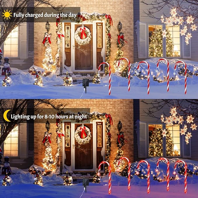 PINPON Christmas Solar Candy Cane Lights 10 Pack, 21" Pathway Markers Walkway Lights with Star, 8 Modes & 3 Timings Xmas Decorations for Outdoor Pathway Garden Yard Patio
