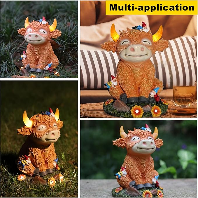 Solar Garden Statue Highland Cow Figurine with Funny Gnomes Garden Outdoor Decor for Yard Patio Lawn Christmas Housewarming Gifts for Women,Mom,Grandma