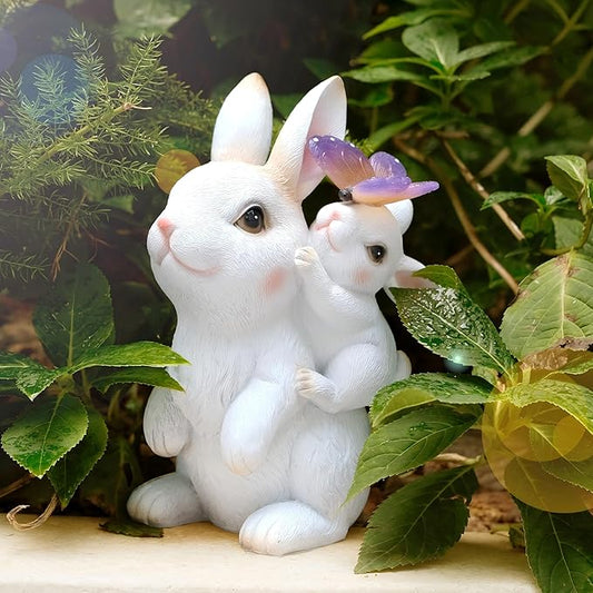 Garden Outdoor Statues Rabbit with Solar Lights,Mother&Baby Bunny Figurine with Solar Butterfly Changing Lights for Yard Art Garden&Patio Decor,Unique Thanksgiving&Birthday Gifts for Women Mom Grandma