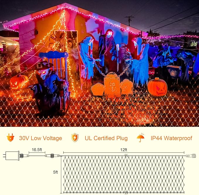 Christmas Net Lights Outdoor - 360 LED Orange Net Lights Waterproof with Remote, 12x5 ft Extendable 8 Modes for Bushes, Gazebo, Lawn, Garden, Shrubs, Tree, Backyard Decorations