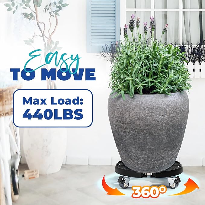 Idzo Heavy Duty Trolley Planter Caddy with Wheels 440lbs Capacity, Plant Pots Indoor and Out Door, Adjustable 15-21 in, Black