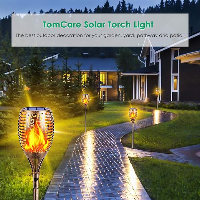 TomCare Solar Torch Lights 99 LED Flickering Flame 43" Decorative Waterproof Solar Powered Pathway Lights for Garden Patio Yard, 4Pack (Bronze)