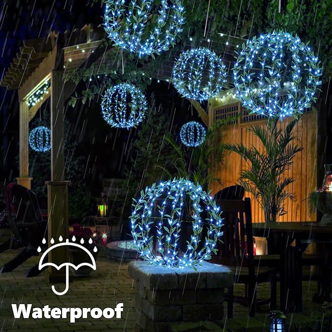 Flacchi Solar Powered Hanging Iron Sphere Lights with Artificial Greenery – 12Inch 120 LED Waterproof Outdoor Decor Ball Light with Timer & 8 Modes – 2 Pack for Garden, Christmas, Weddings(Blue)
