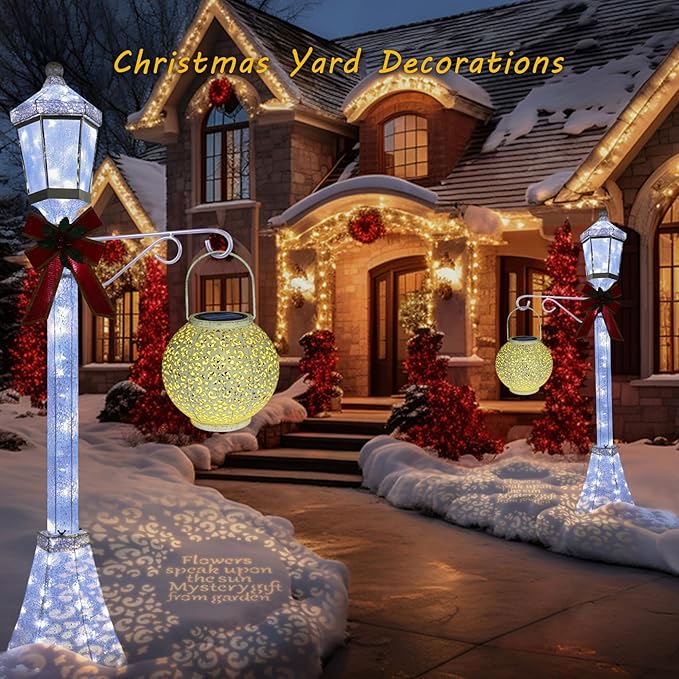 Outdoor Solar Big Lantern Waterproof Hanging Garden Decorative Metal Lights LED Table Lamp,Yard Patio Decor, Christmas Gifts for Mom (White,1Pack)