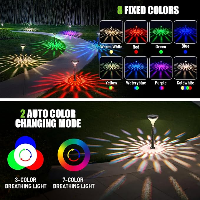Solar Outdoor Pathway Light, Multicolored 10 Modes RGB Color Changing, IP65 Waterproof Solar Powered Lights, Christmas Decoration for Garden, Lawn, Yard, Patio etc, 8 Pack