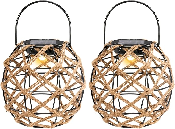 HPC Decor 2 PK Solar Lanterns-Outdoor Waterproof, Hemp Rope, Hanging Outdoor, Round Lamp Boho Decor for Garden, Yard, Patio, Porch, Pathway.