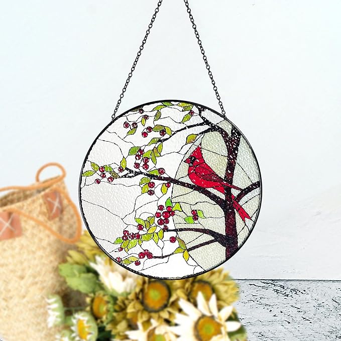 Stained Glass Window Hanging Sun Catcher 7.8”- Cardinal in Full Moon Stained Glass Suncatcher, Red Berry Tree, Nature, Indoor Decor, Wall Art, Gifts for Women