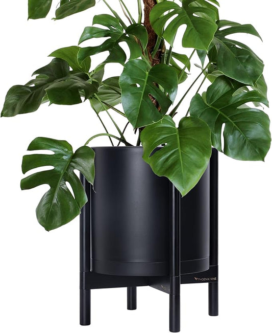 D'vine Dev Planter Pot with Stand - 14 Inch Plastic Cylinder Flower Pot with Wood Planter Holder for Indoor, Matte Black Pot + Ebony Stand, 55-C-T-2
