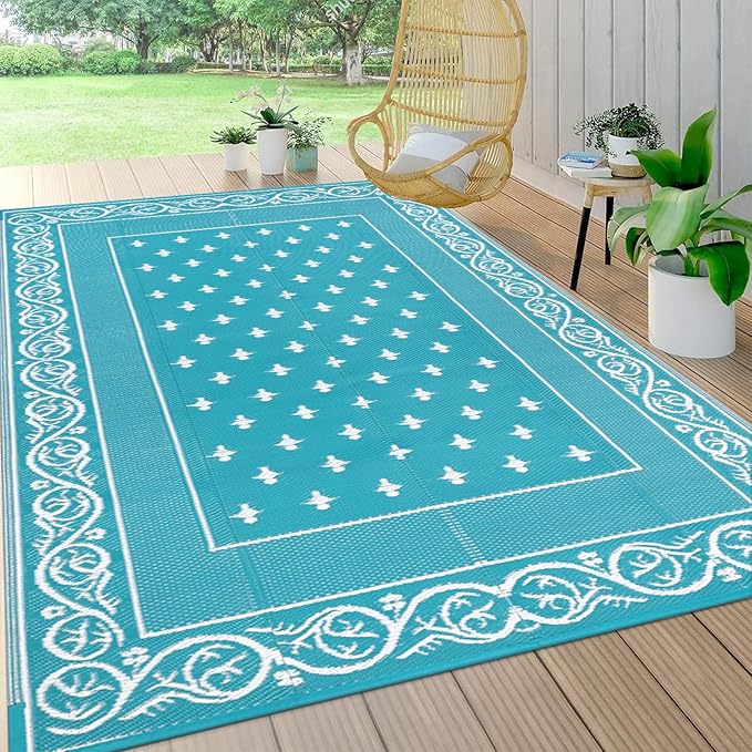 Pauwer Waterproof Outdoor Rug 9x12, Reversible Plastic Straw Patio Camping Rug, Indoor Outdoor RV Mat Carpet for Deck, Camper, Porch, Balcony, Backyard, Picnic, Bordered Teal