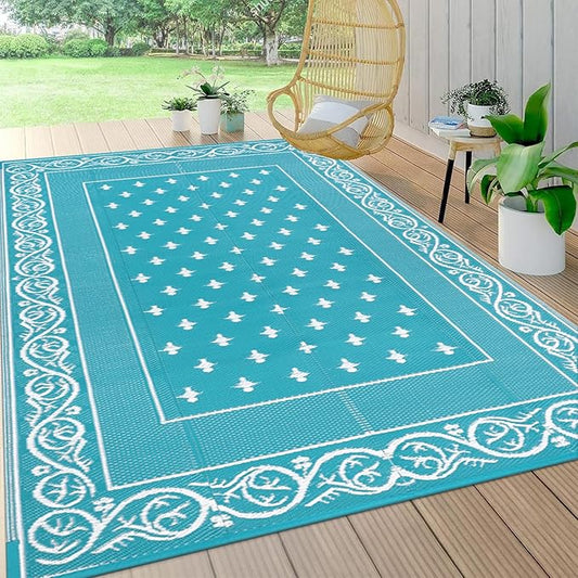 Pauwer Waterproof Outdoor Rug 9x12, Reversible Plastic Straw Patio Camping Rug, Indoor Outdoor RV Mat Carpet for Deck, Camper, Porch, Balcony, Backyard, Picnic, Bordered Teal