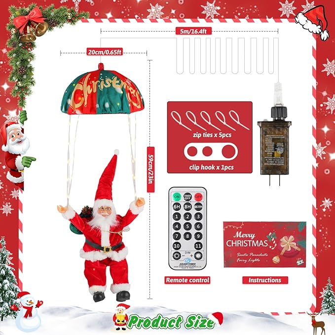Christmas Decorations Lights, 88 LED Christma Parachute with Santa, 11 Modes Christmas Light Outdoor, Hanging Colourful & Warm White Xmas Lights, Holiday Porch Garden Party Decor