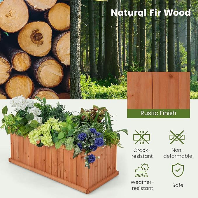 HAPPYGRILL Raised Garden Bed, Outdoor Elevated Flower Box w/ 4 Drainage Holes & Detachable Bottom Panels, Wood Planter Box for Vegetables Flowers Herbs & Fruits Growing, 31” x 14” x 12”