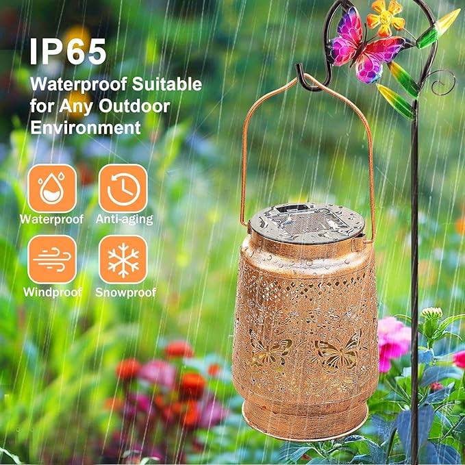 Solar Lanterns Outdoor Garden Decor Butterfly Hanging Lantern Lights, Birthday Gifts for Women Mom Grandma Waterproof Metal Solar Lights LED Decoration with Shepherd Hook for Garden Yard Patio Porch