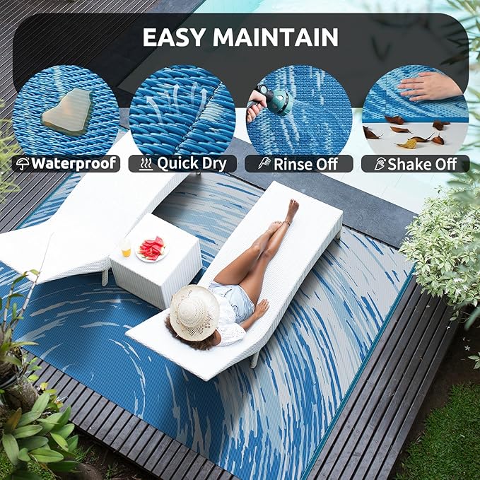COCOER Modern Outdoor Rug 9x12 Reversible-Waterproof Outdoor Patio Rug-Quick Dry Outdoor Area Rugs Indoor Outdoor Rugs-Outside Rug Patio Decor for Porch Deck Balcony Backyard