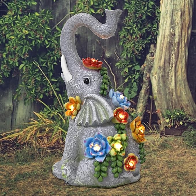 Elephant Garden Statue Solar Lamp with 8 Led Lights Decor Outdoor Resin Waterproof Sculpture Patio Lawn Yard Porch Decorations Housewarming Gifts for Women Mom Grandma