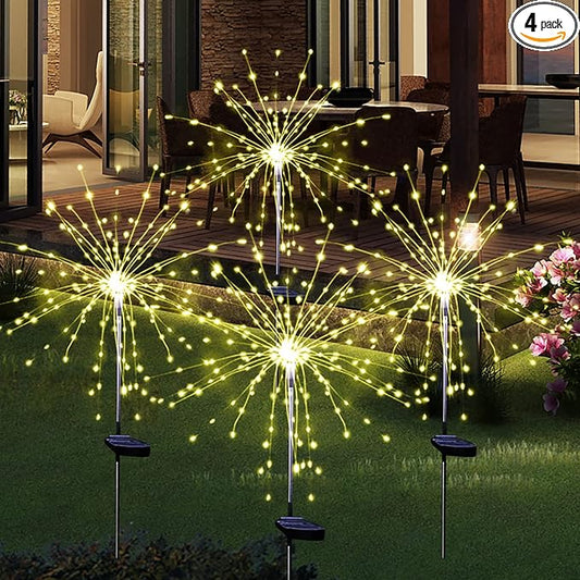 Solar Garden Firework Lights, 4 Pack, Waterproof, 120 LED, Outdoor, Warm White, Pathway, Patio, Party Decorations