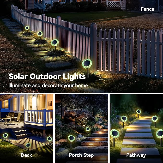 Outdoor Solar Lights, 4 Pack Led Solar Sunflower Lights, Stake/Wall 2-in-1 Waterproof Solar Garden Lights for Yard, Landscape, Fence, Patio, Driveway, Pathway, Backyard Decoration (Warm White)