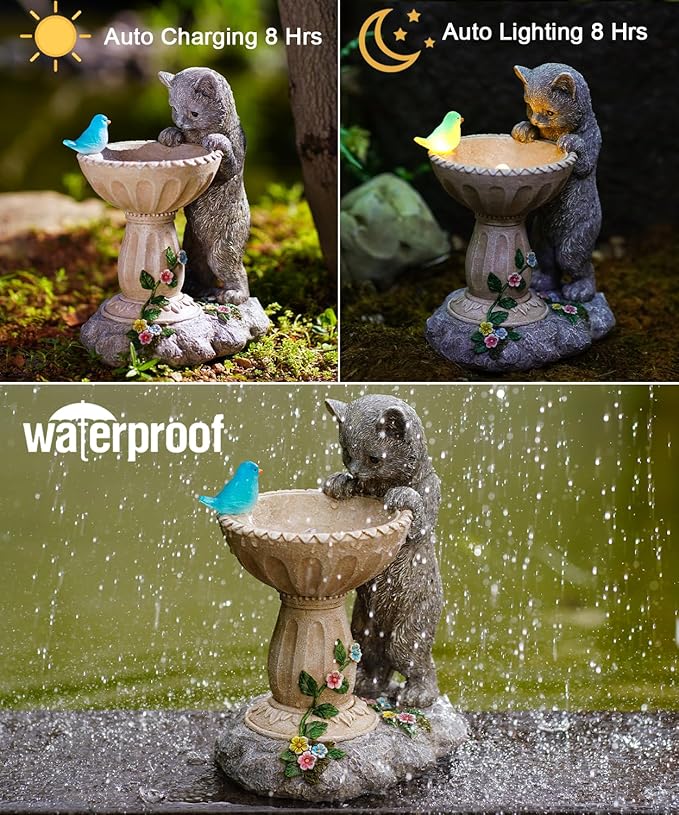 Nacome Solar Cat Birdbath Garden Decor: Outdoor Statues Ornaments for Outside Decoratios Yard Art Lawn Porch Patio Balcony - Birthday Gifts Choice for Mom Grandma Women Lover