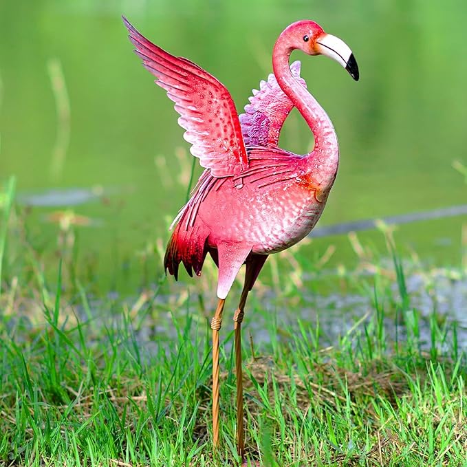 Natelf Garden Flamingo Statues and Sculptures, Outdoor Metal Bird Yard Art, Pink Flamingos Lawn Ornament for Patio Backyard Porch Decorations