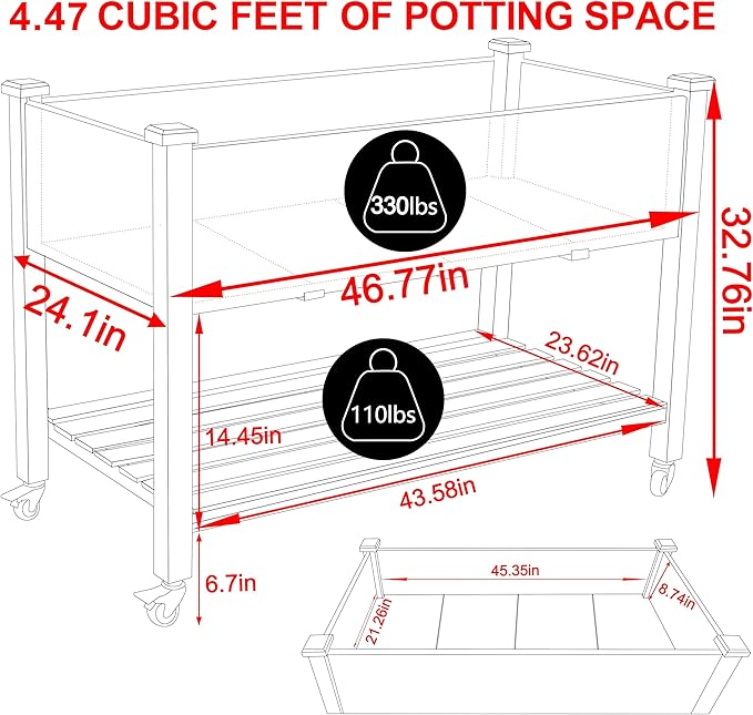 MUPATER 4x2FT Raised Garden Bed, Planter Box with Four Wheels and Legs for Herbs and Vegetables, Elevated Garden Bed with Drainage Holes for Outdoor Indoor, Rustic