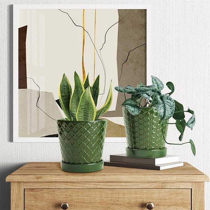 EFISPSS Ceramic Plant Pots, 5 Inch Planters with Drainage Holes and Ceramic Tray, Relief Design Flower Planter，Desktop Office Windowsill Decoration Gift Set of 4 - Blackish Green