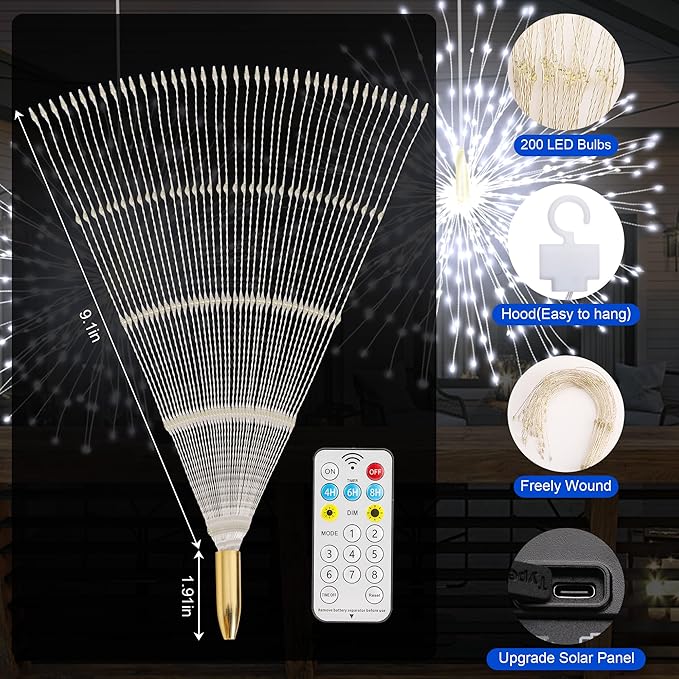 Solar Firework Lights Outdoor, 1000 LED Starburst Light Outdoor with USB Rechargerable, 8 Modes Waterproof Solar Hanging Lights for Gazebo Yard Party Wedding Decorations (White, 1000 LED)