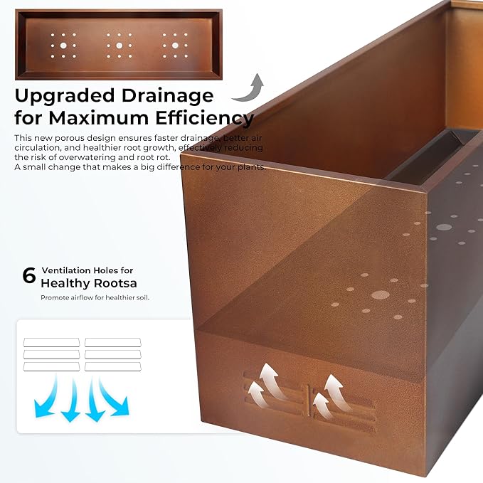 Worth Garden Metal Planter Box - 30" L x 11" W x 13" H Matte Bronze Heavy Duty Large Rectangular Steel Modern Plant Pot, Indoor Outdoor - Insert Plate with Drain Holes, Air Vents, No Assembly Required