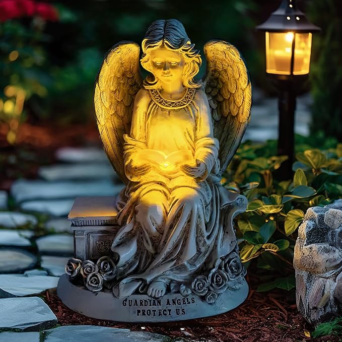 Spring & Summer-Themed Garden Statues – Adorable Outdoor Decor for Lawn, Patio & Porch (Guardian Angel Reading Book Garden Statue, 10" Solar Powered Angelic Outdoor Figurine)