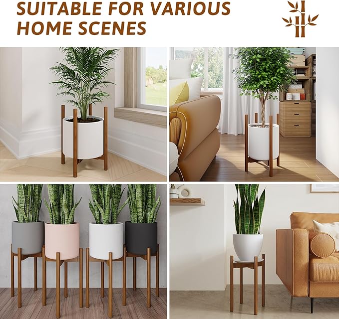 Adjustable Plant Stand Indoor, Bamboo Plant Holder 8 to 12 Inches, Small Tall Planter Stand for Indoor Plants, Single Floor Plant Stand for Living Room Balcony Bedroom, Light Brown