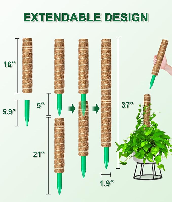 EAONE Moss Pole 126 Inch, 6 Pack 21" Monstera Plant Support for Climbing Potted Live Plants Indoor, Stackable Coco Coir Moss Sticks Monstera Stakes for Pothos Philodendron, with Garden Labels & Ties