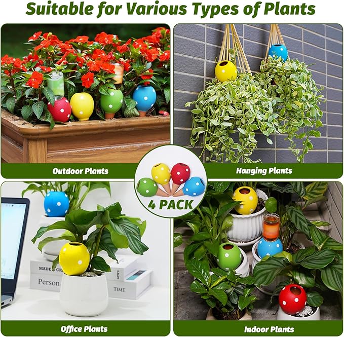 Terracotta Self Watering Spikes, 4 Pack Watering Globes for Indoor Outdoor Plants, Slow Release Plant Self Watering Planter Insert Devices for Travel, Vacation, Garden Care, Cute Small Ball Shape