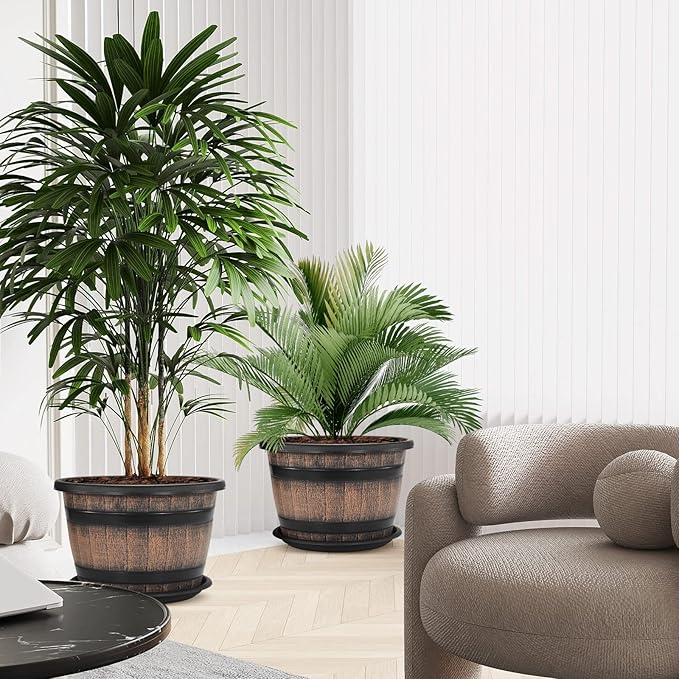 Quarut Large Plastic 3 Pack16 inch Plant Pots,Whiskey Barrel Planters with Drainage Holes & Saucer.Flower Pots Imitation Wine Barrel Design for Indoor & Outdoor Garden Balcony Plants.7 Gallons(Brown)