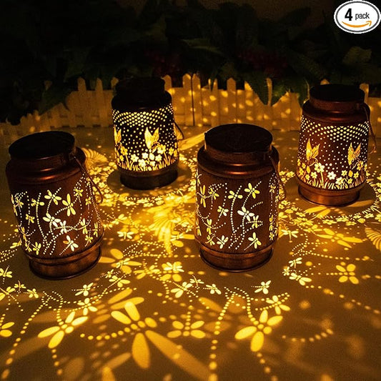 Mothers Day Gifts, 4 Packs Dragonfly&Hummingbird Solar Lantern Lights Outdoor Decor, Hanging Waterproof Metal Decorations, Landscape Lights for Garden Patio Yard Lawn Backyard Front Porch