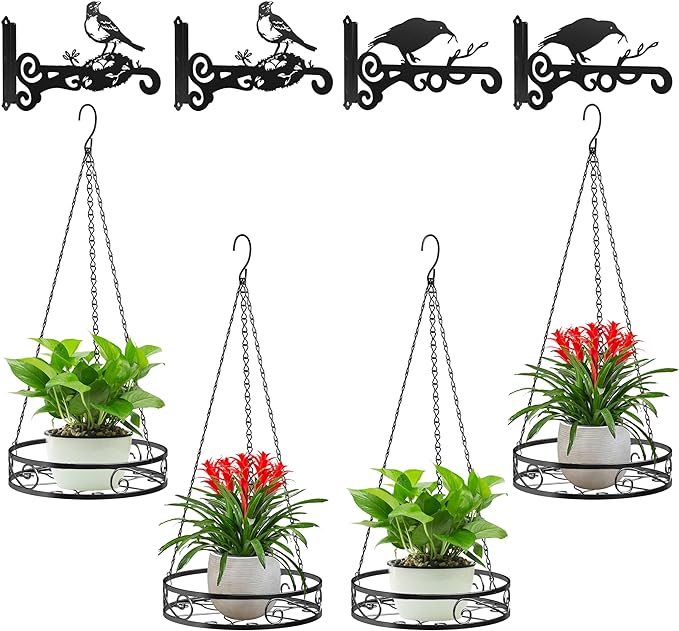 8-Pack Metal Hanging Planters for Outdoor Plants - Heavy Duty 4 Hanging Plant Holder with 4 Bird Patterned Plant Hanger – Aesthetic Flower Pot Holder for an Instant Indoor and Outdoor Decor